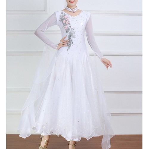 White ballroom dancing dresses for women girls kids modern dance glitter skirts waltz tango foxtrot smooth dance long dress for woman